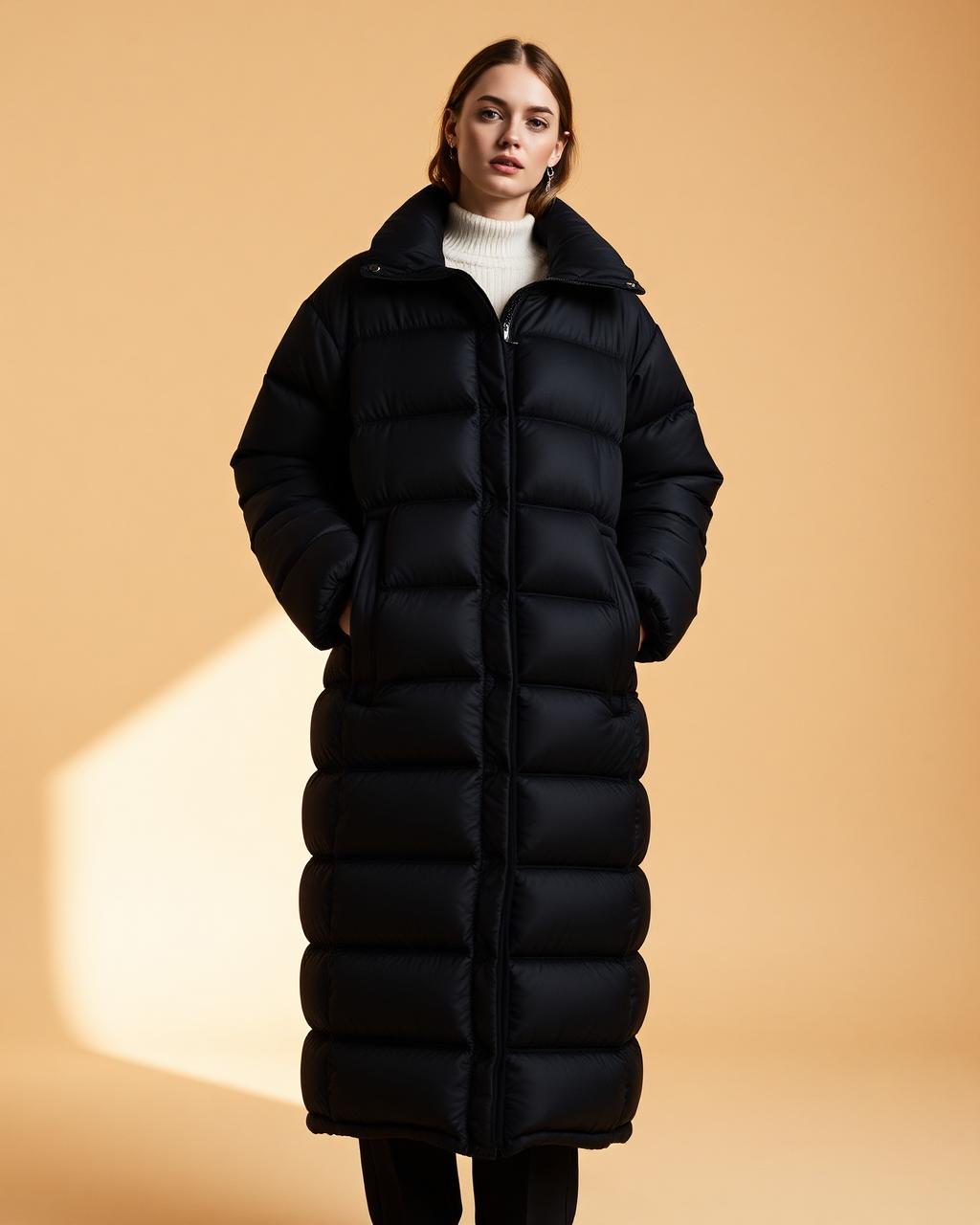 Kew black quilted longline puffer coat