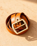 Portland tan leather belt with gold buckle