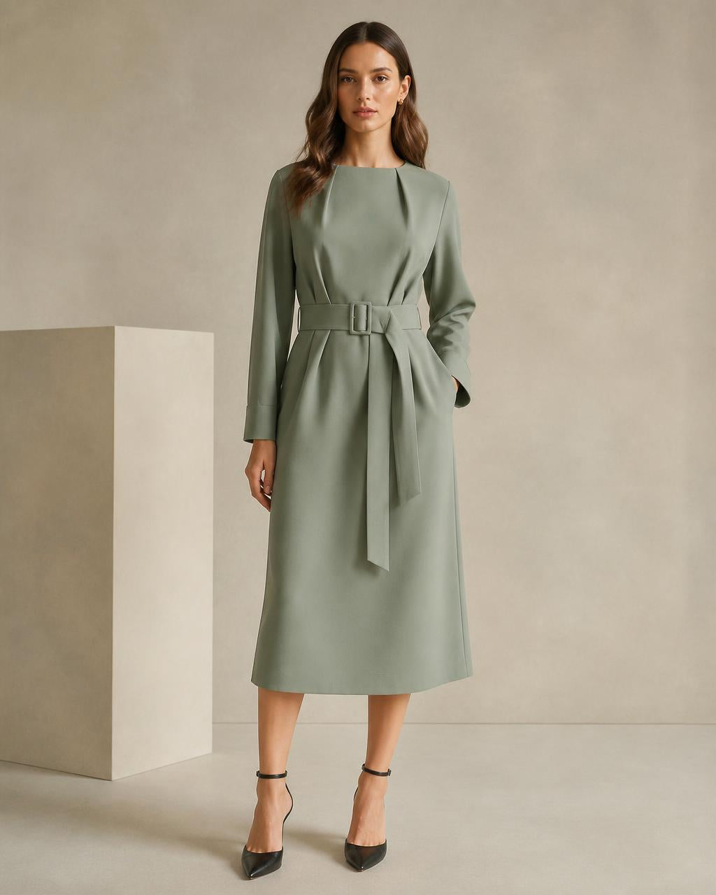 South Kensington Belted Midi Dress in sage